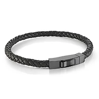 Black Leather and Steel Push Casp Bracelet