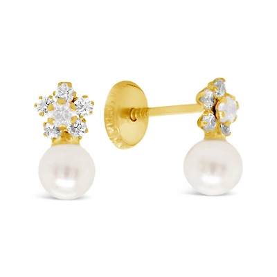 Zirconia Flower and Pearl Stud Earrings
