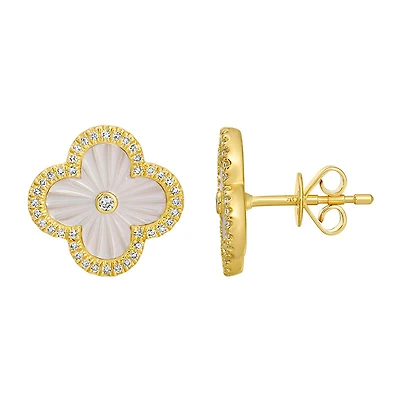 Clover Mother Pearl and Diamonds Flutted Stud Earrings