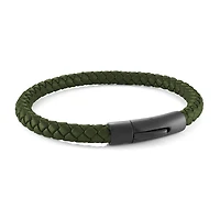 Army Green Leather Push Clasp Steel Bracelet