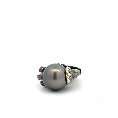 Black Pearl and Burgundy Stones Ring (Size 7)