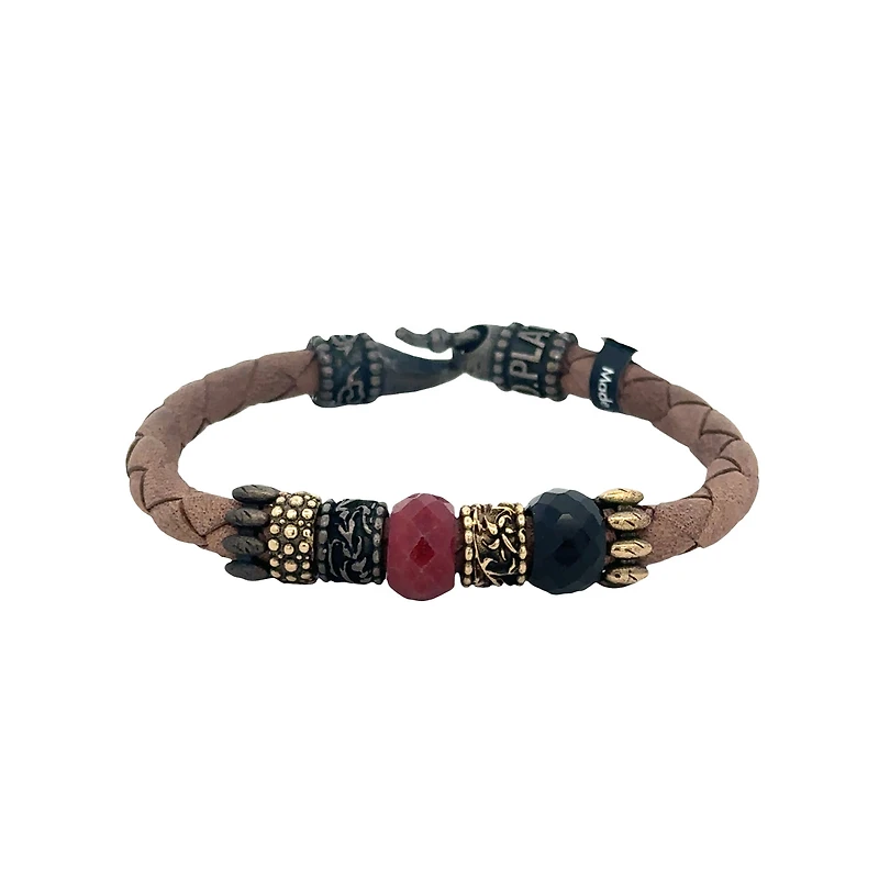 Braided Brown Leather Bracelet with Onyx and Rubi