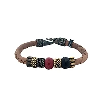 Braided Brown Leather Bracelet with Onyx and Rubi