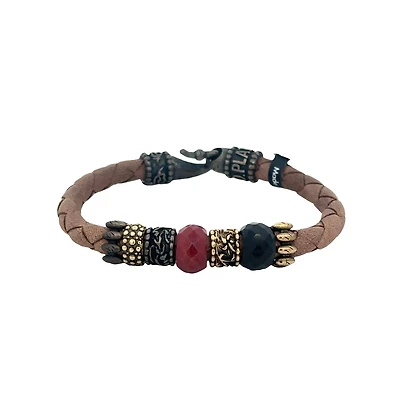 Braided Brown Leather Bracelet with Onyx and Rubi