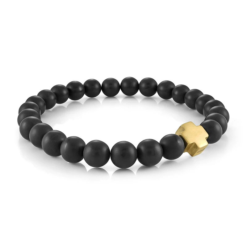 Gold Steel Brushed Cross and Onyx Bead Bracelet