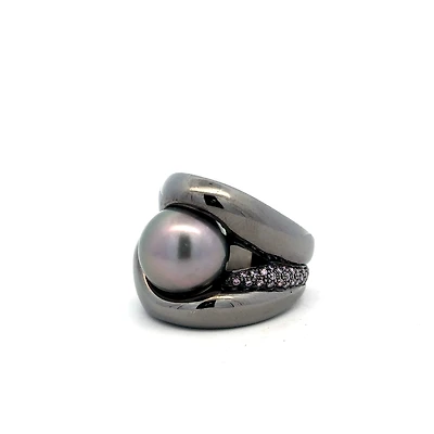 Black Tahity Pearl Ring with Pink Sapphires (Size 7)