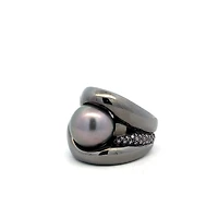 Black Tahity Pearl Ring with Pink Sapphires (Size 7)