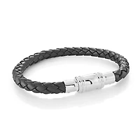 Black Leather Hidden Clasp Steel Bracelet