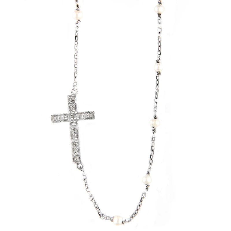 Sideways Cross Pearl Necklace