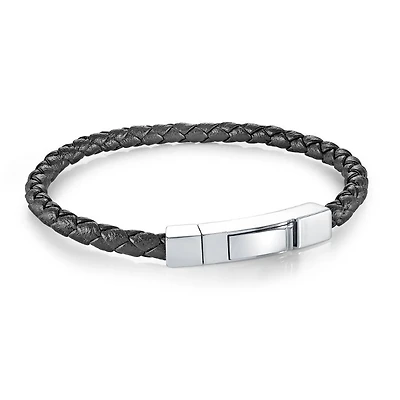 4MM Black Leather Push Clasp Steel Bracelet