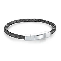 4MM Black Leather Push Clasp Steel Bracelet