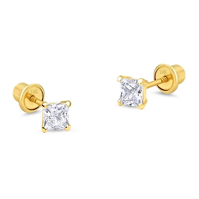 3MM Princess Cut Zirconia Yellow Gold Stud Earring