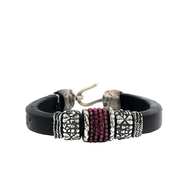 Dark Brown Leather Bracelet with Rubi Stones