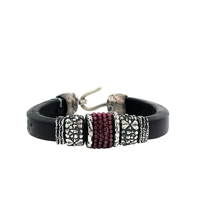 Dark Brown Leather Bracelet with Rubi Stones