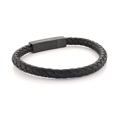 Black Matte Steel and Black Leather Bracelet
