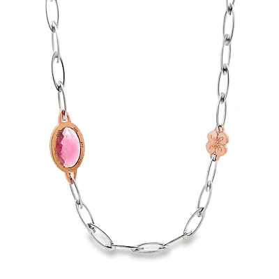 Long Paperclip Link Necklace with Oval Pink Quartz and Flower Details