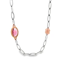 Long Paperclip Link Necklace with Oval Pink Quartz and Flower Details