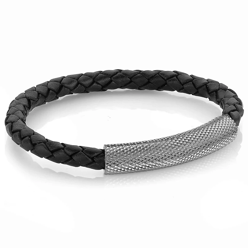 Black Bolo Mesh Leather Steel Bracelet