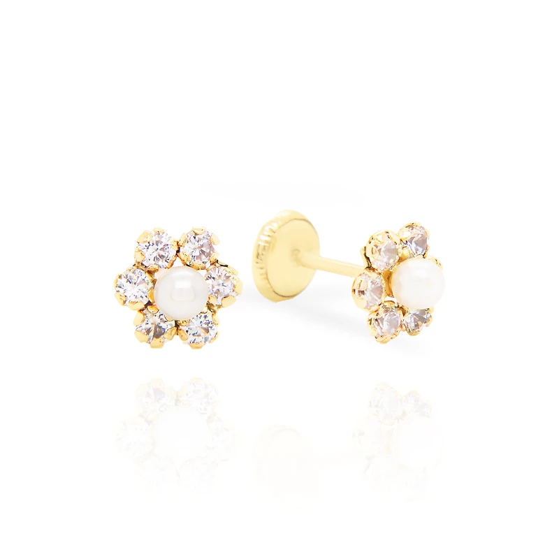 Zirconia Flower with Pearl Center Stud Earrings