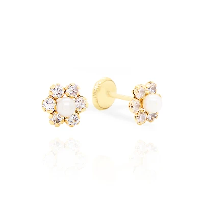 Zirconia Flower with Pearl Center Stud Earrings