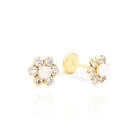 Zirconia Flower with Pearl Center Stud Earrings