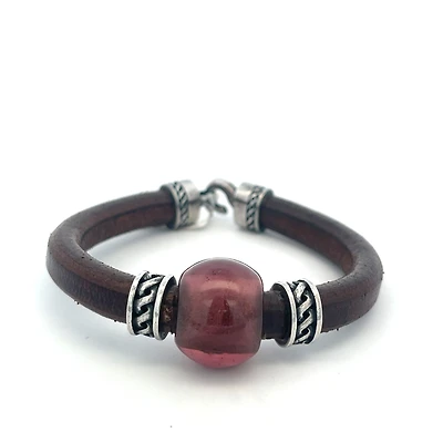 Purple Stone Brown Leather Bracelet