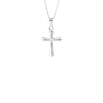 16MM Solid Cross White Gold and Diamond Kids Necklace