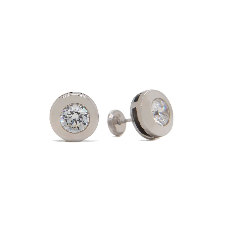 Wide Bezel Set Zirconia 2MM Stud Earrings 14KW