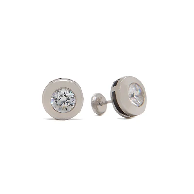 Wide Bezel Set Zirconia 2MM Stud Earrings 14KW