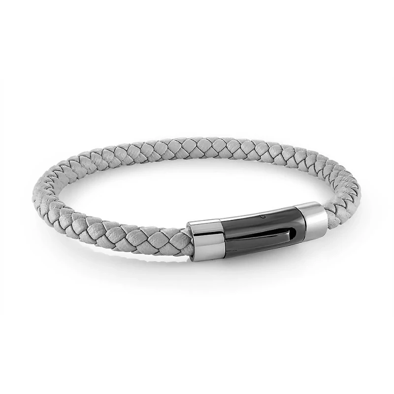 Grey Leather Push Clasp Steel Bracelet