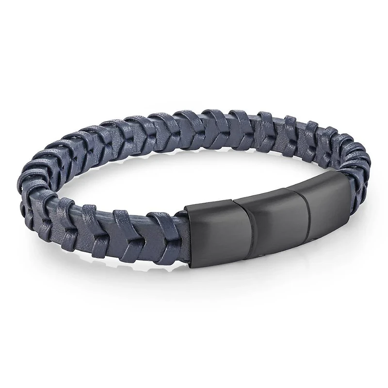 Wide Black Leather and Steel Bracelet