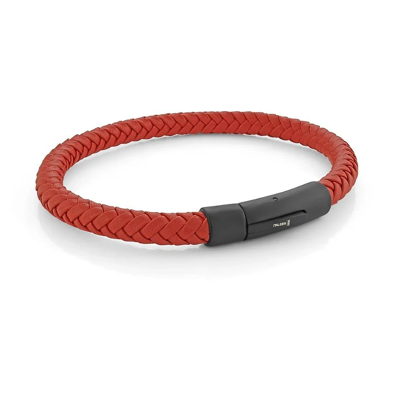 Red Leather Black Steel Bracelet