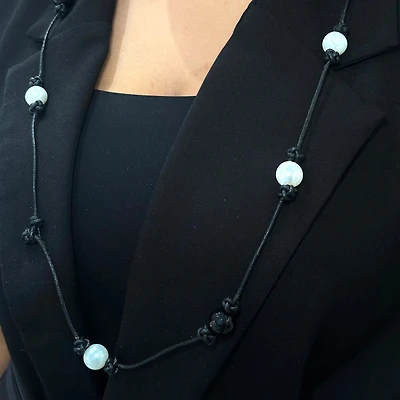 Black Leather Necklace with Pearl and Onyx Stones