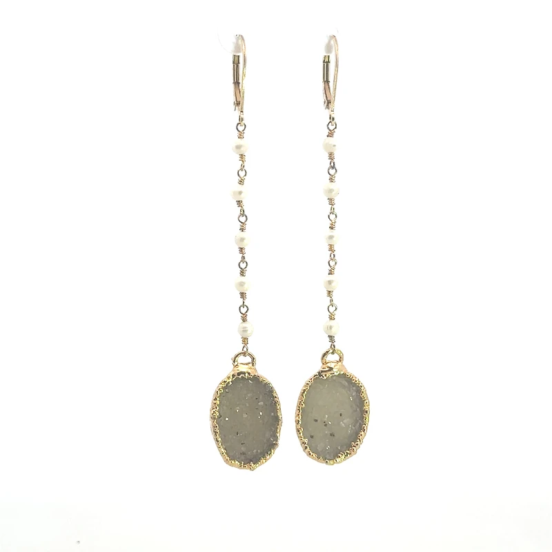 Blithe White Druzy and White Pearls 22K Gold Plated Earrings