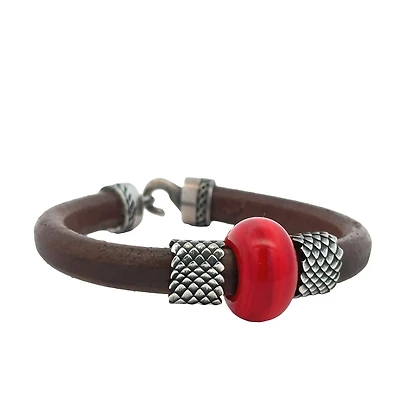 Brown Leather Bracelet with Red Bead