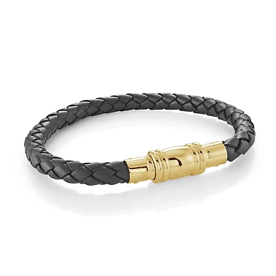 Black and Gold Steel and Leather Bracelet