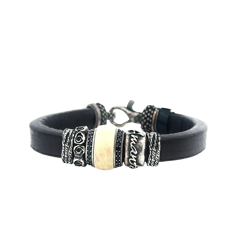 Leather Bracelet with Black Cz and Resin Bead