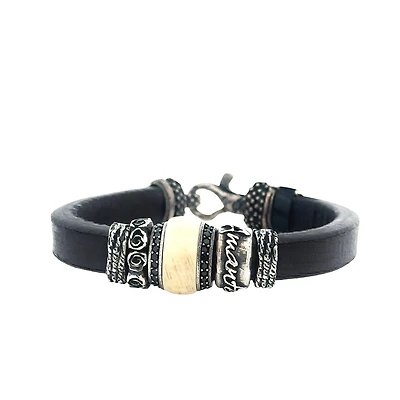 Leather Bracelet with Black Cz and Resin Bead