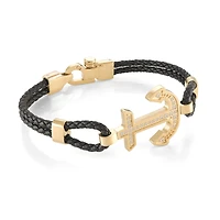 Golden Anchor Black Leather Steel Bracelet
