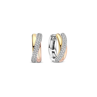 Trinity Three Tone Crossover Huggie Earrings