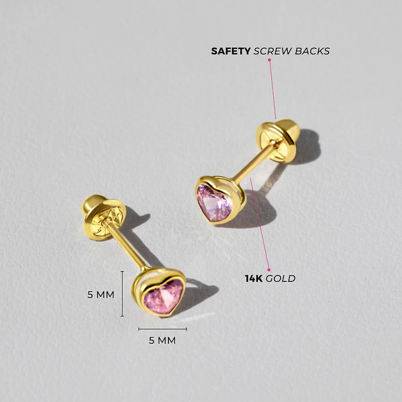 Kids Pink Heart Zirconia Stud Earrings