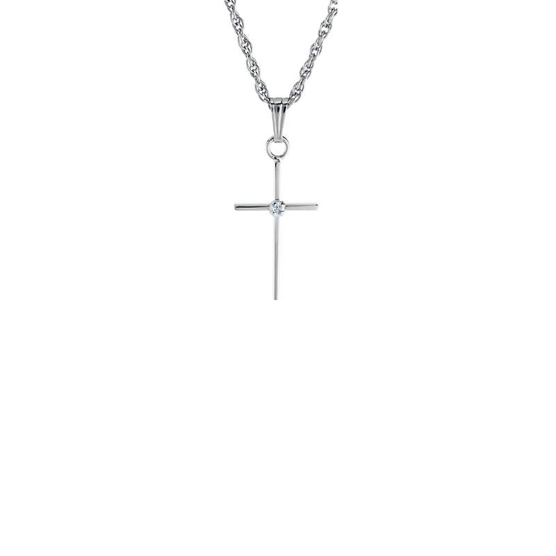 17MM Thin Solid Cross White Gold and Diamond Kids Necklace
