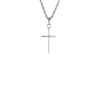 17MM Thin Solid Cross White Gold and Diamond Kids Necklace