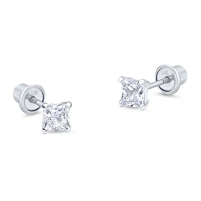 3MM Princess Cut Zirconia White Gold Stud Earring