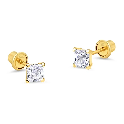 4MM Princess Cut Zirconia Yellow Gold Stud Earring
