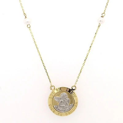 Guardian Angel Two Tone Pearl Necklace 14K