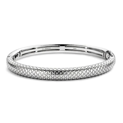 Snake Print Wide Silver Bangle Bracelet