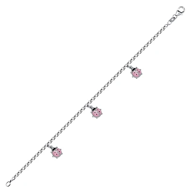 Pink Ladybugs Silver Bracelet