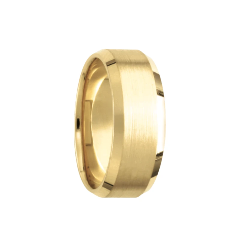 8MM Yellow Gold Diagonal Cut Brushed Center Ring