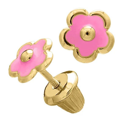 Pink Enamel Flower Kids Earrings